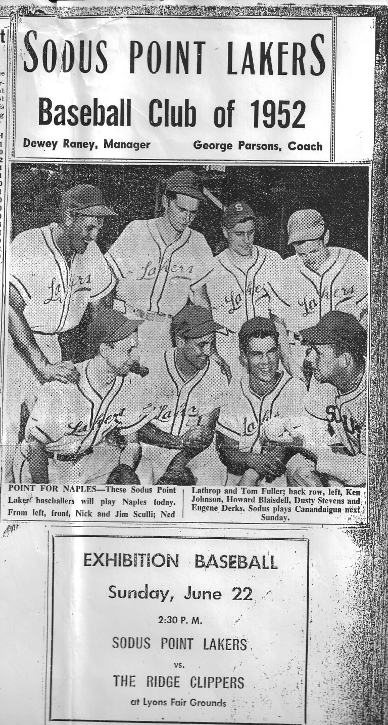 Clipping headed 'Sodus Point Lakers Baseball Club of 1952' with a team photo and an exhibition game notice