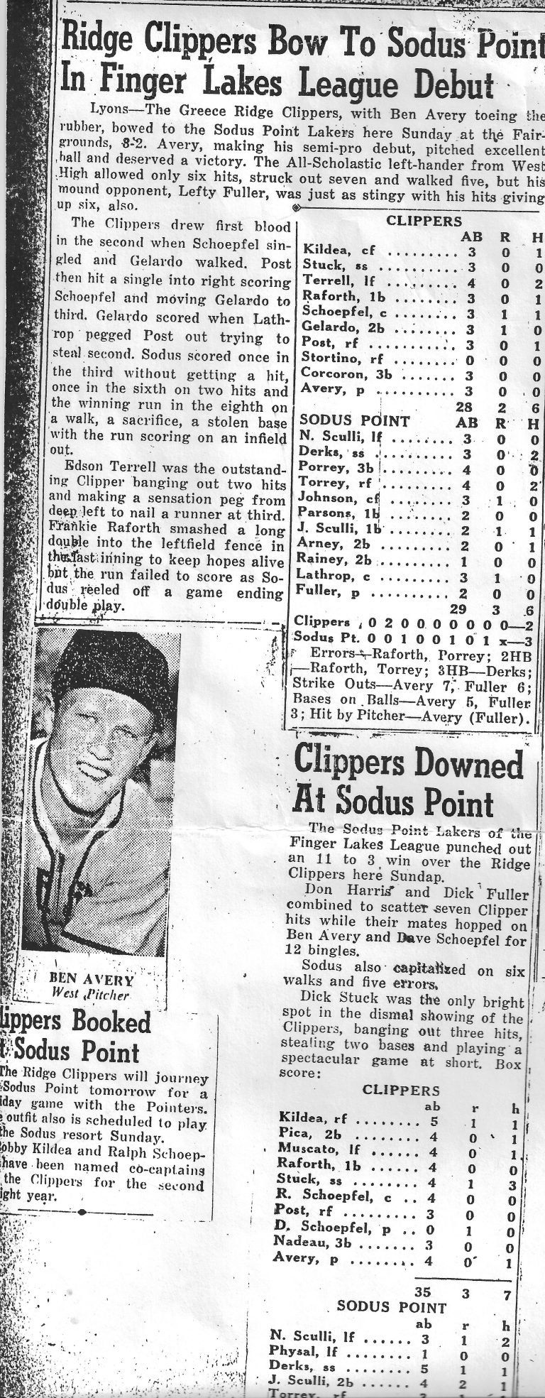 Baseball clippings headlined 'Ridge Clippers Bow To Sodus Point In Finger Lakes League Debut', with box scores